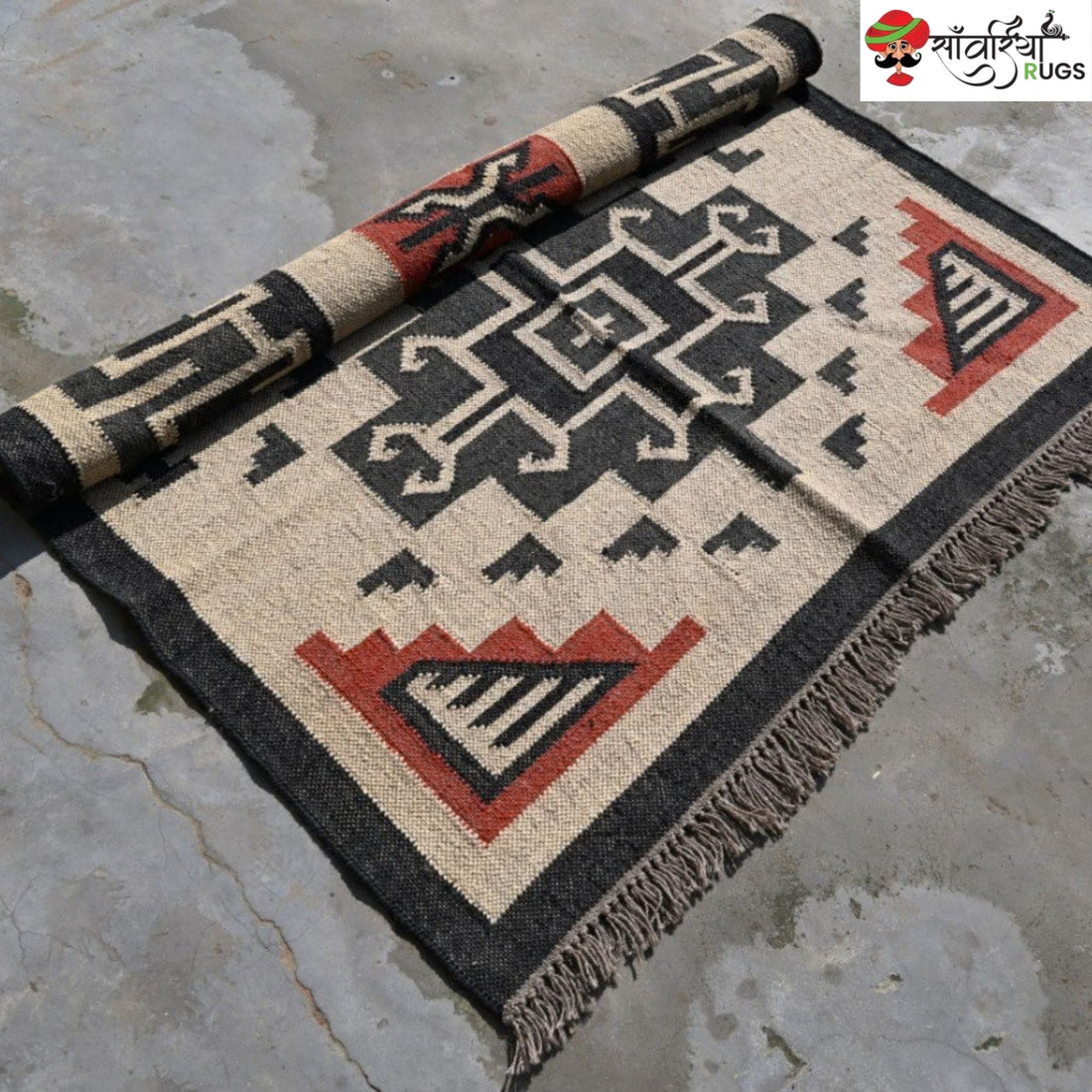 Southwest style wool jute kilim rug with geometric pattern