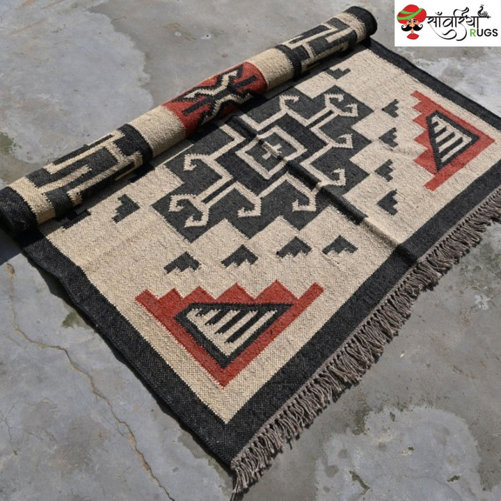 Southwest style wool jute kilim rug with geometric pattern