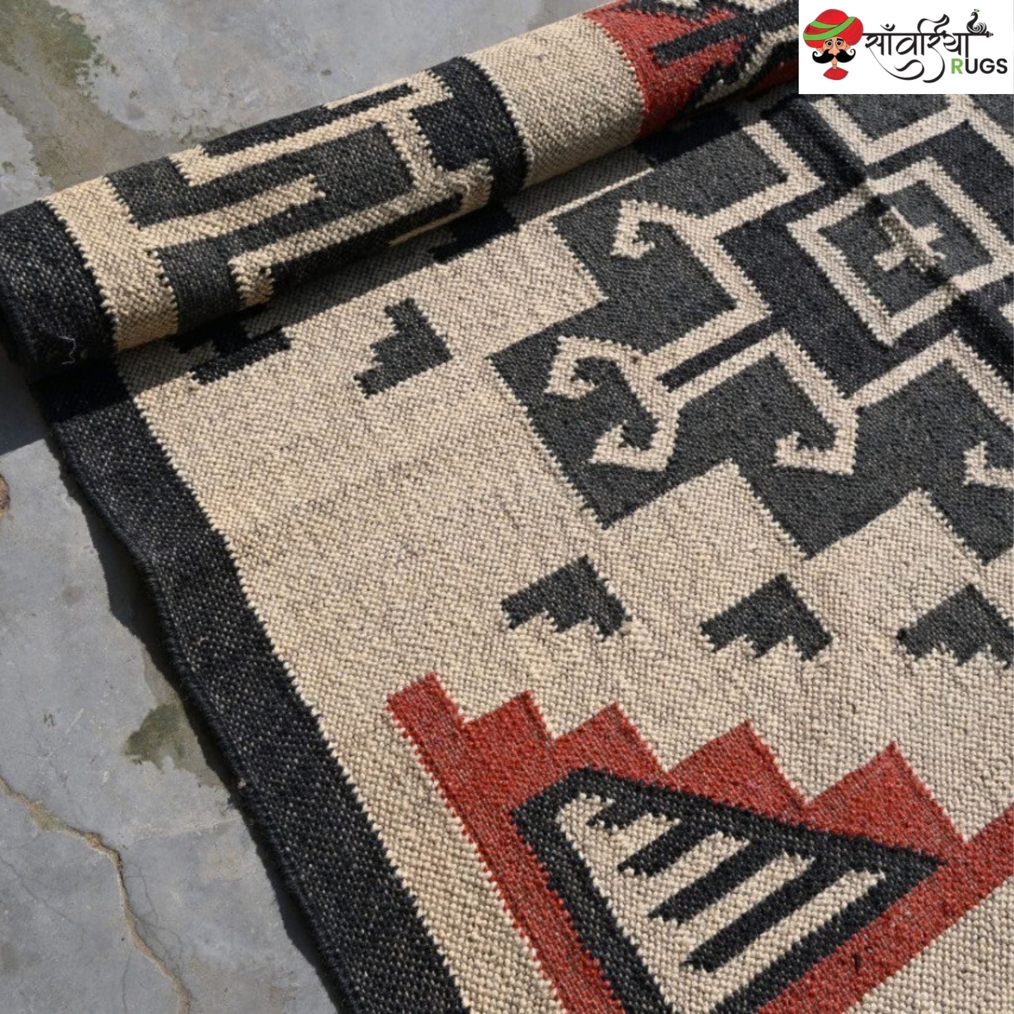 Southwest style wool jute kilim rug with geometric pattern