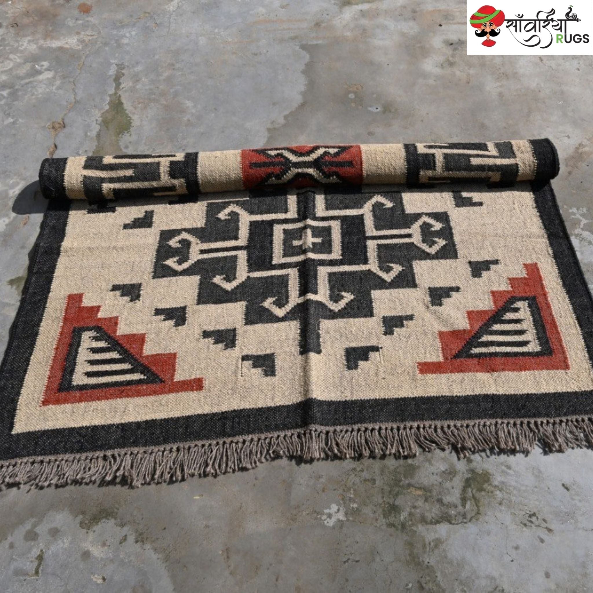 Southwest style wool jute kilim rug with geometric pattern
