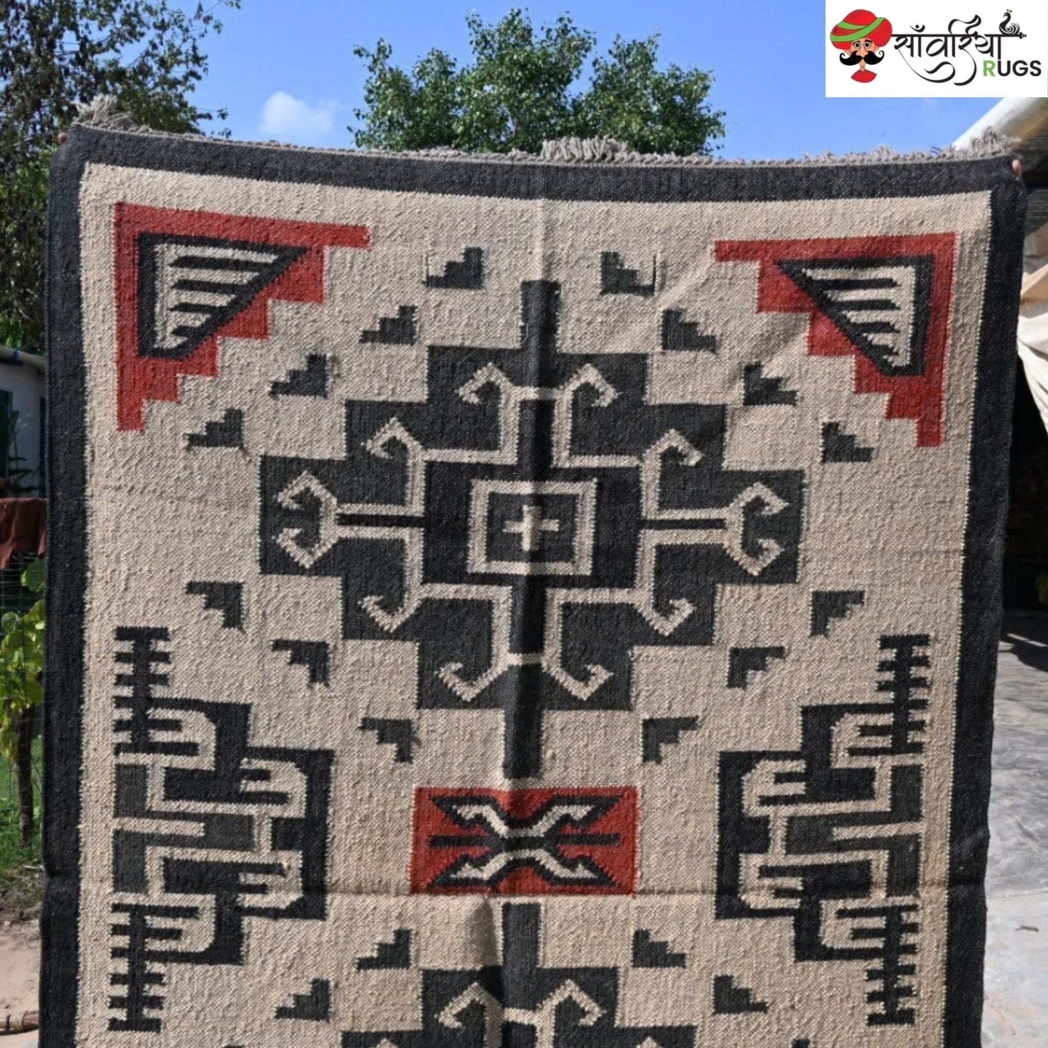 Southwest style wool jute kilim rug with geometric pattern