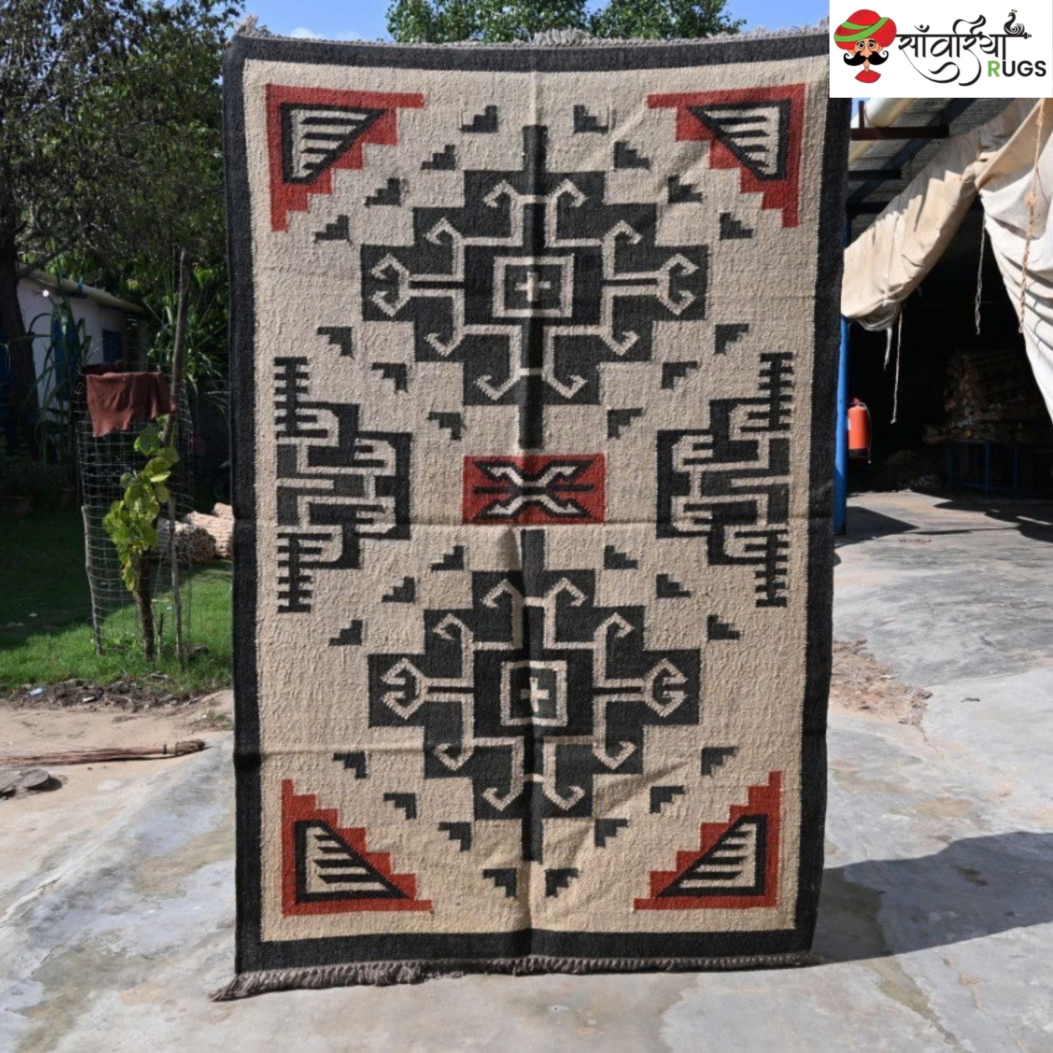 Southwest style wool jute kilim rug with geometric pattern