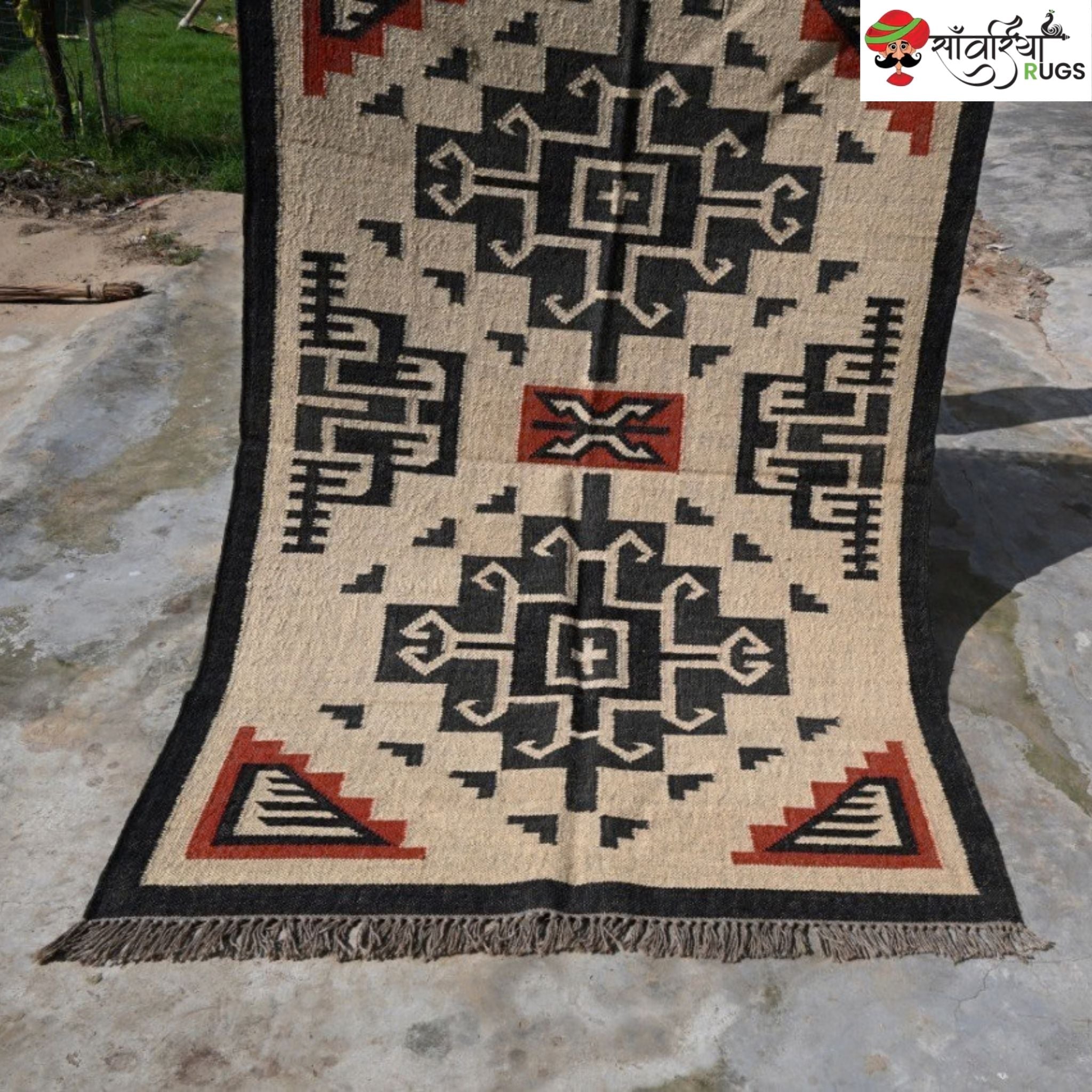 Southwest style wool jute kilim rug with geometric pattern