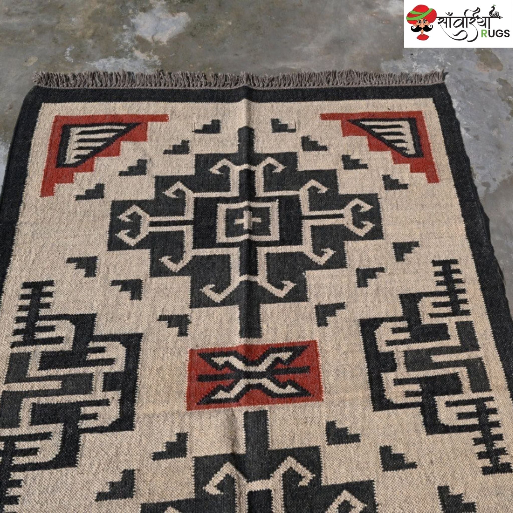 Southwest style wool jute kilim rug with geometric pattern