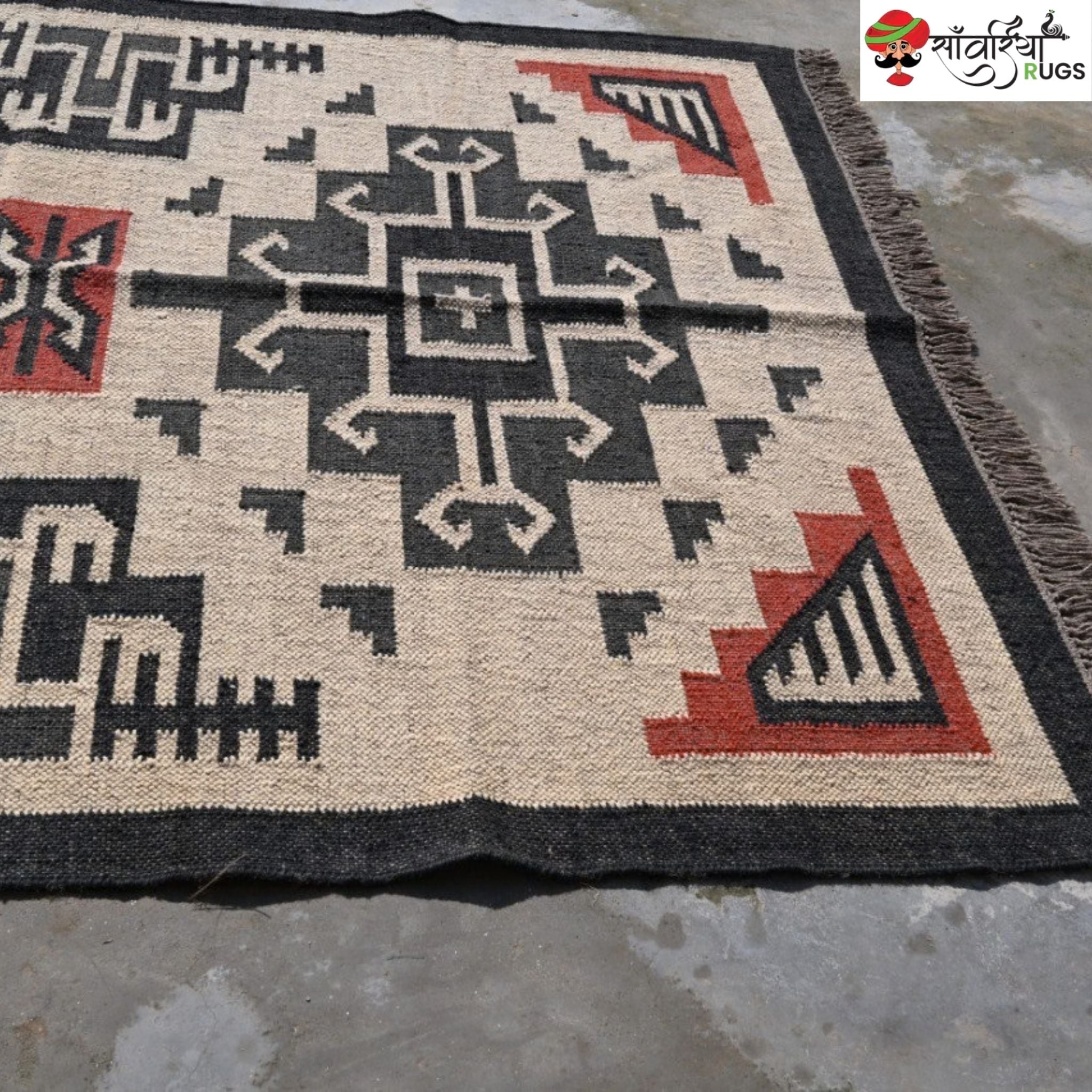Southwest style wool jute kilim rug with geometric pattern