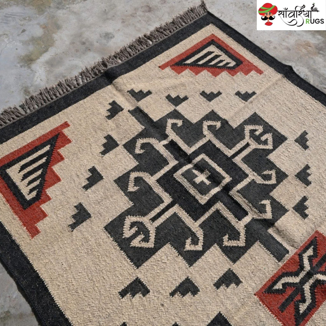 Southwest style wool jute kilim rug with geometric pattern