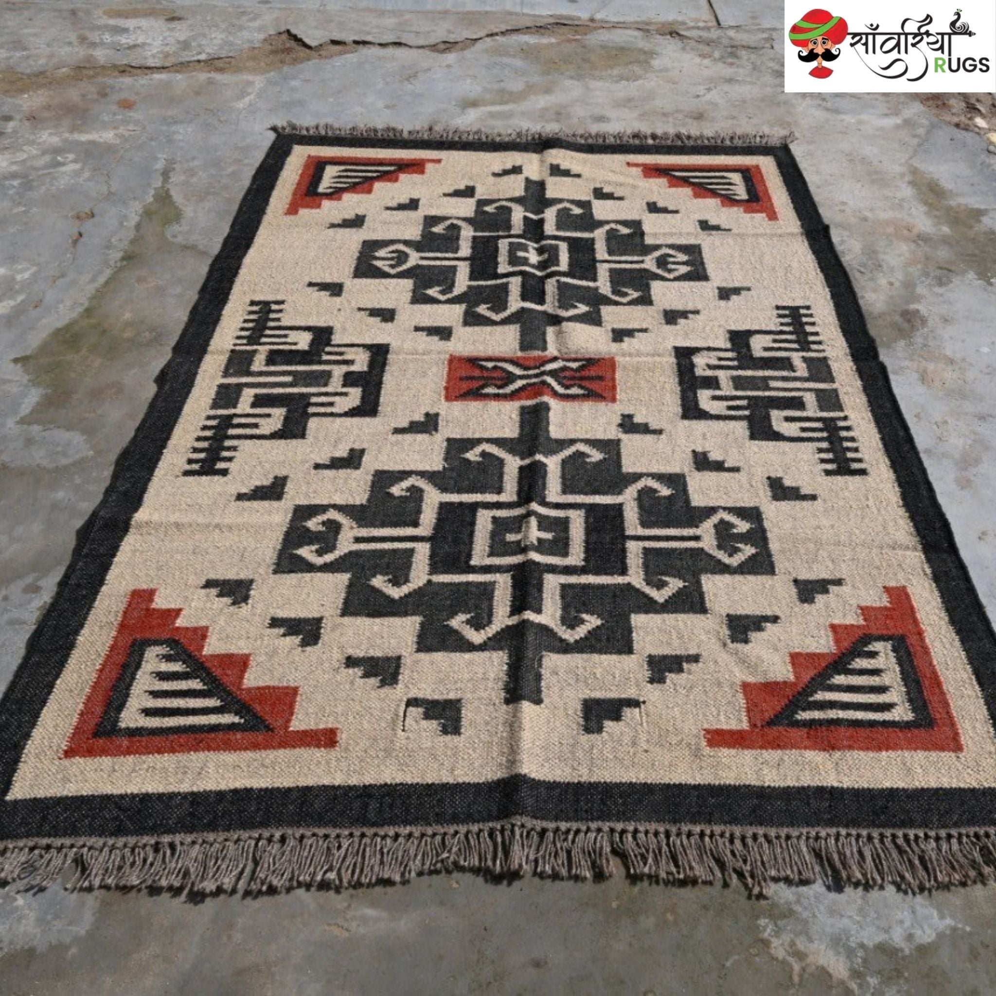 Southwest style wool jute kilim rug with geometric pattern