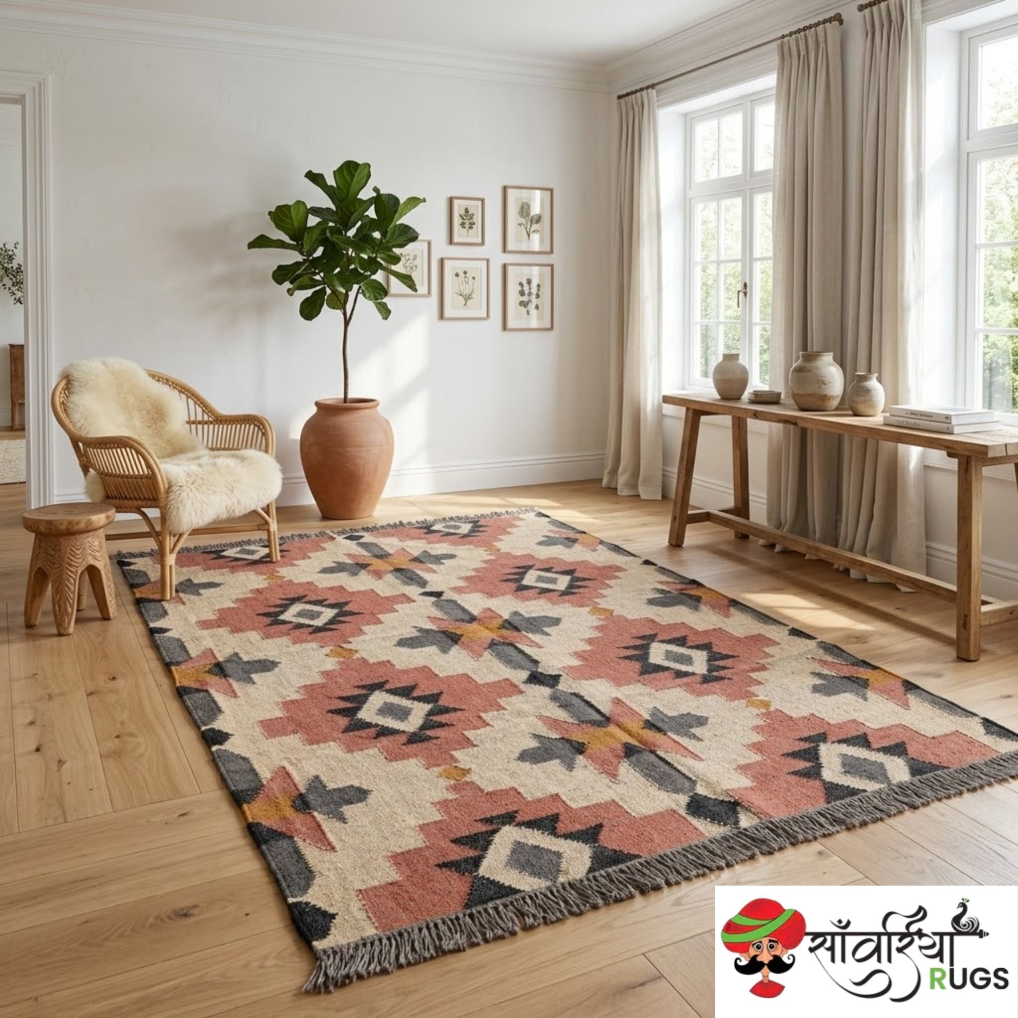 Handwoven wool jute kilim rug with tribal geometric pattern