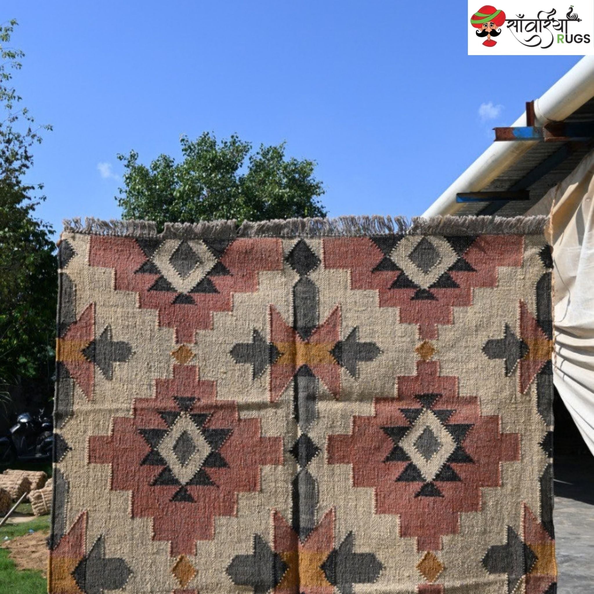 Handwoven wool jute kilim rug with tribal geometric pattern