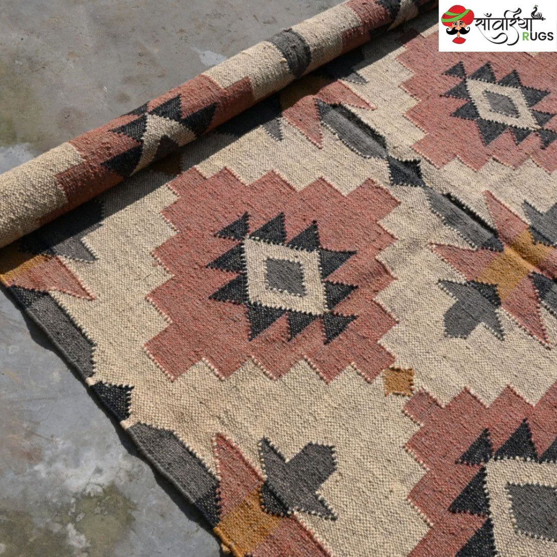 Handwoven wool jute kilim rug with tribal geometric pattern