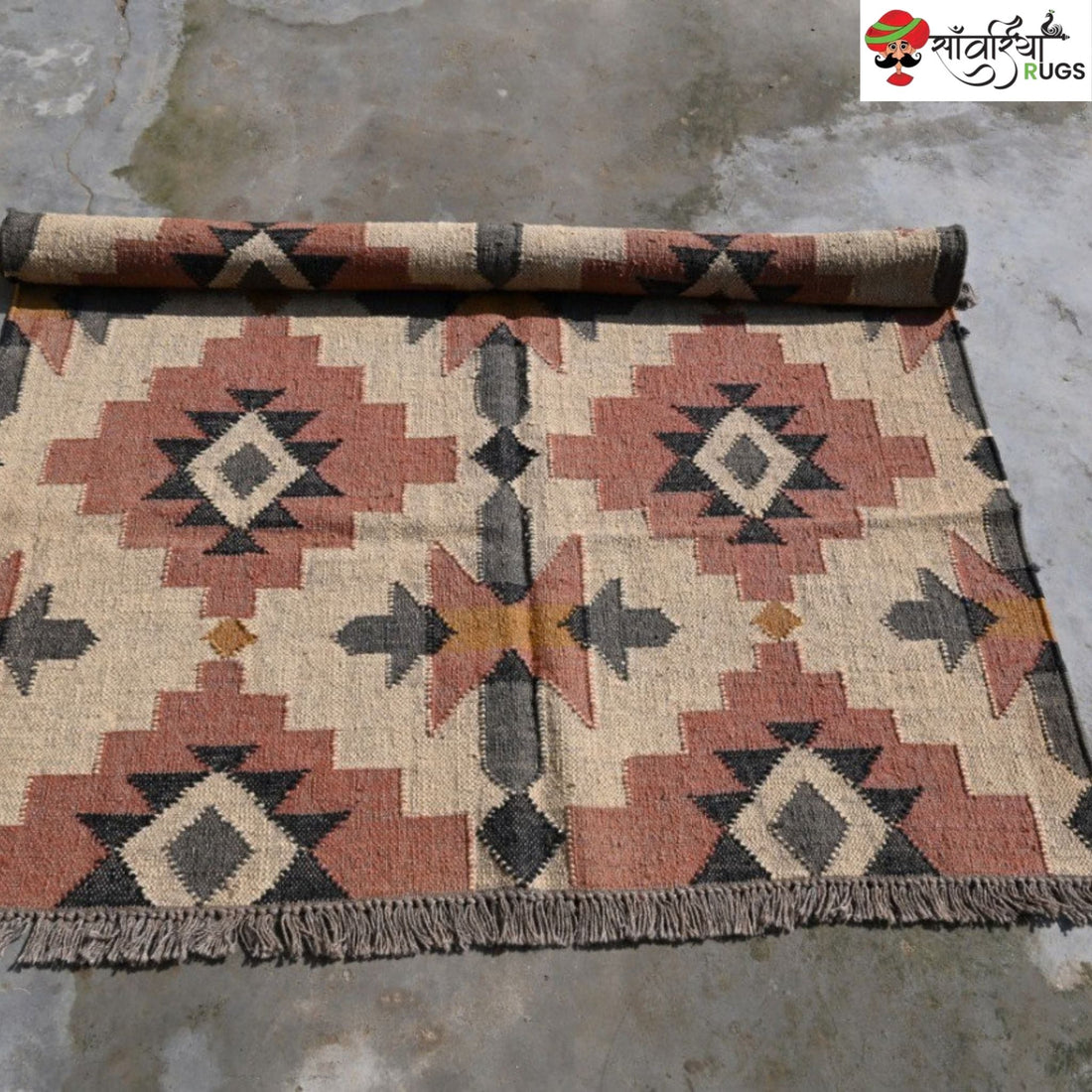Handwoven wool jute kilim rug with tribal geometric pattern