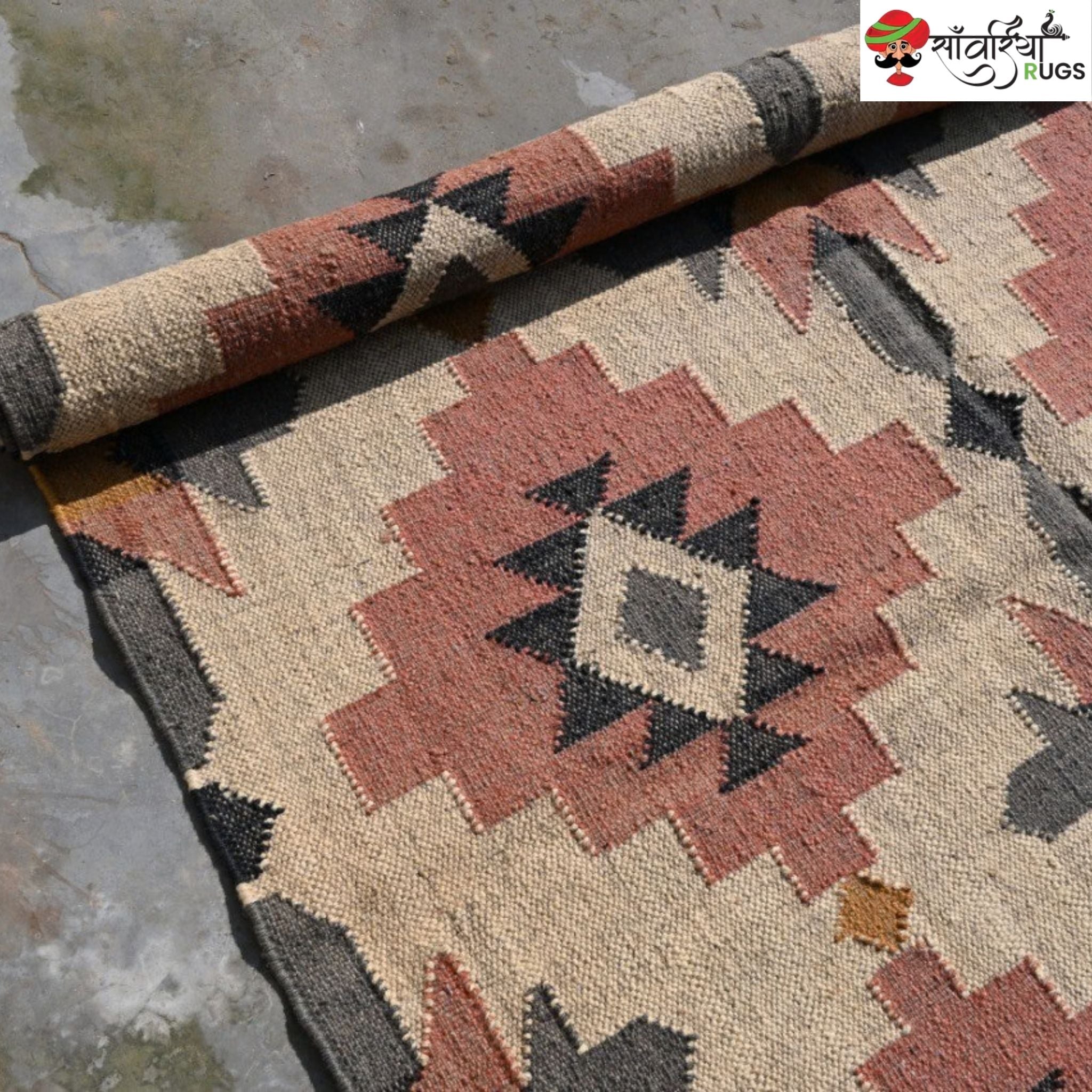 Handwoven wool jute kilim rug with tribal geometric pattern