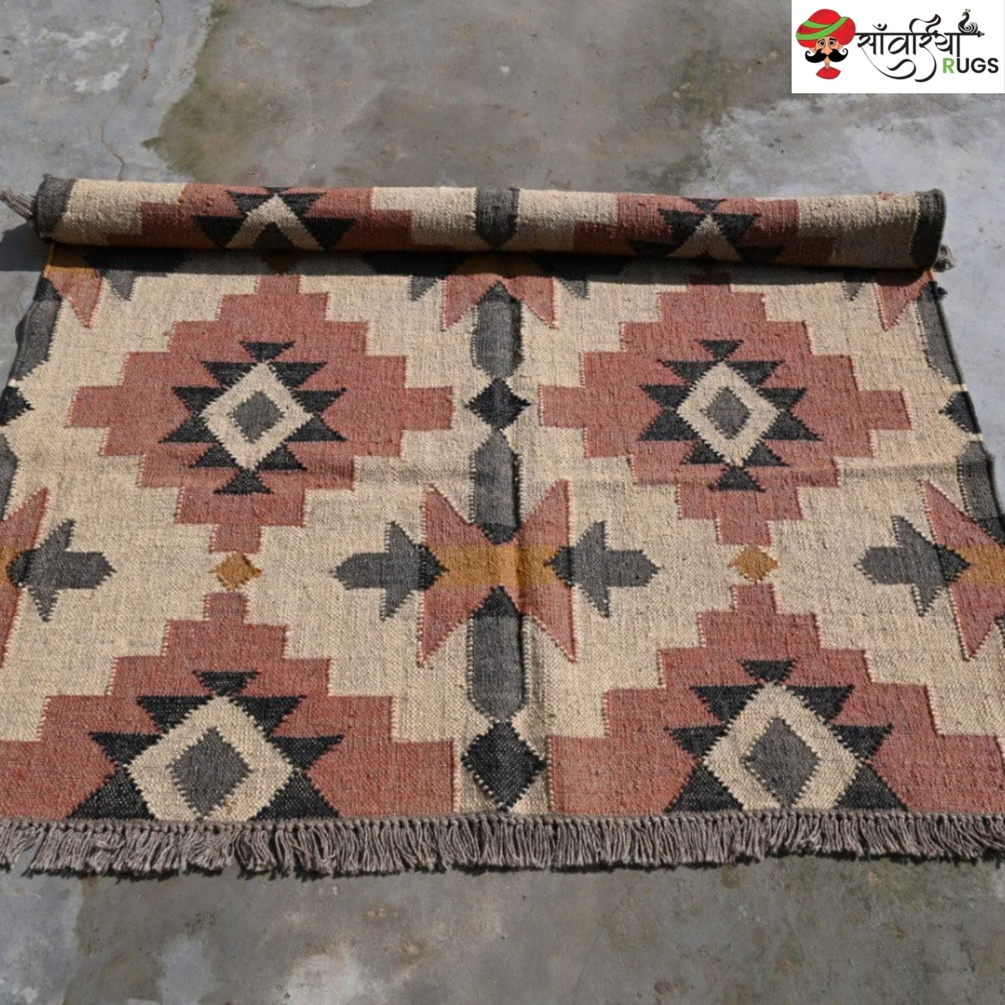 Handwoven wool jute kilim rug with tribal geometric pattern
