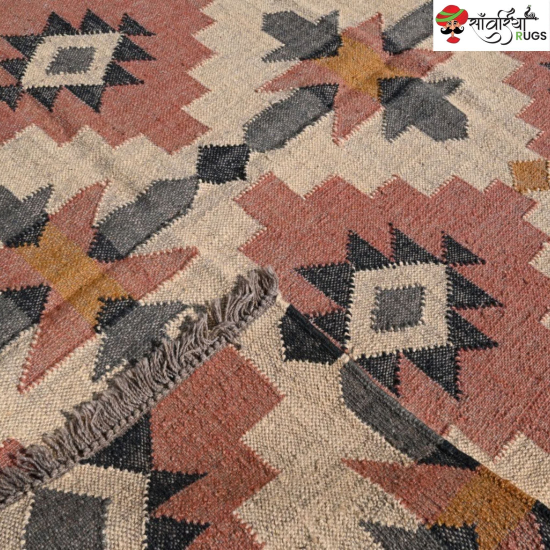Handwoven wool jute kilim rug with tribal geometric pattern