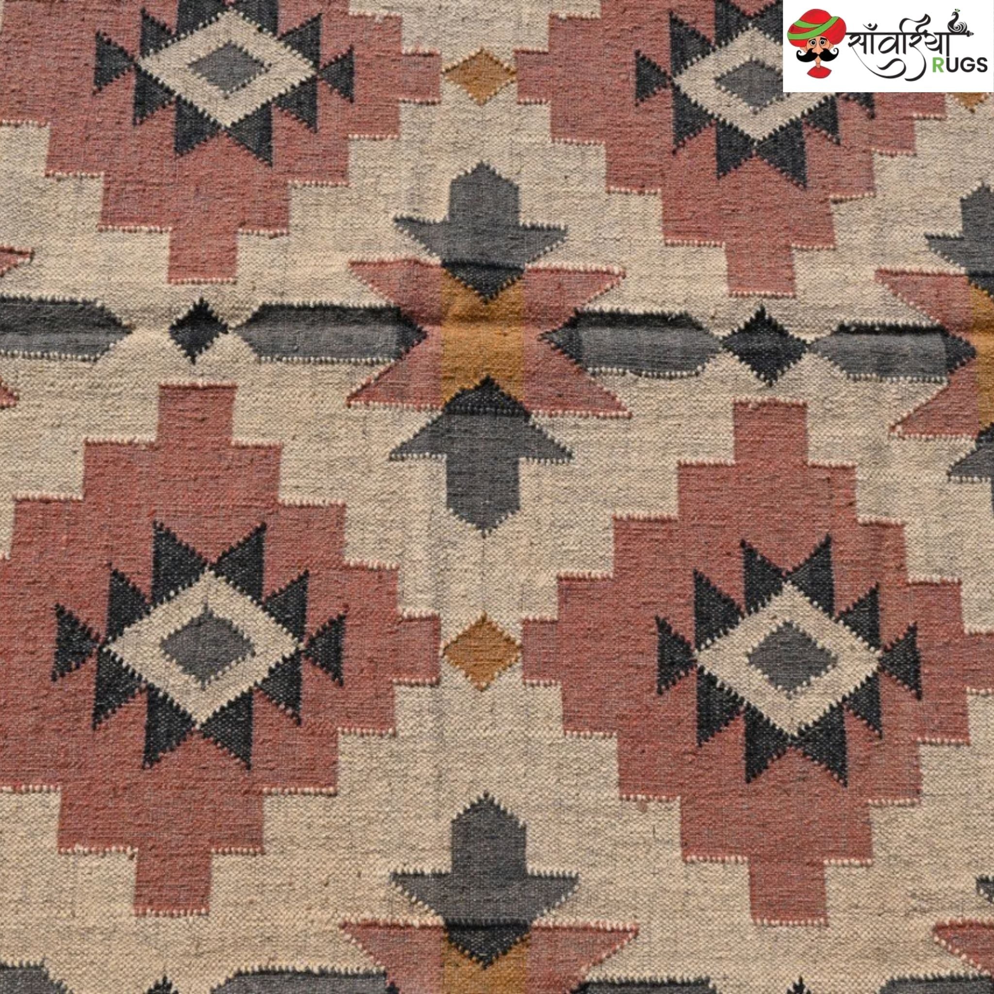 Handwoven wool jute kilim rug with tribal geometric pattern