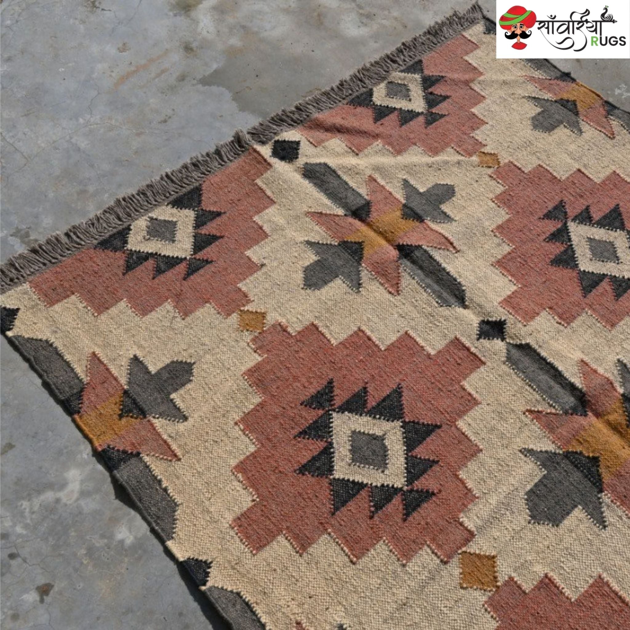 Handwoven wool jute kilim rug with tribal geometric pattern