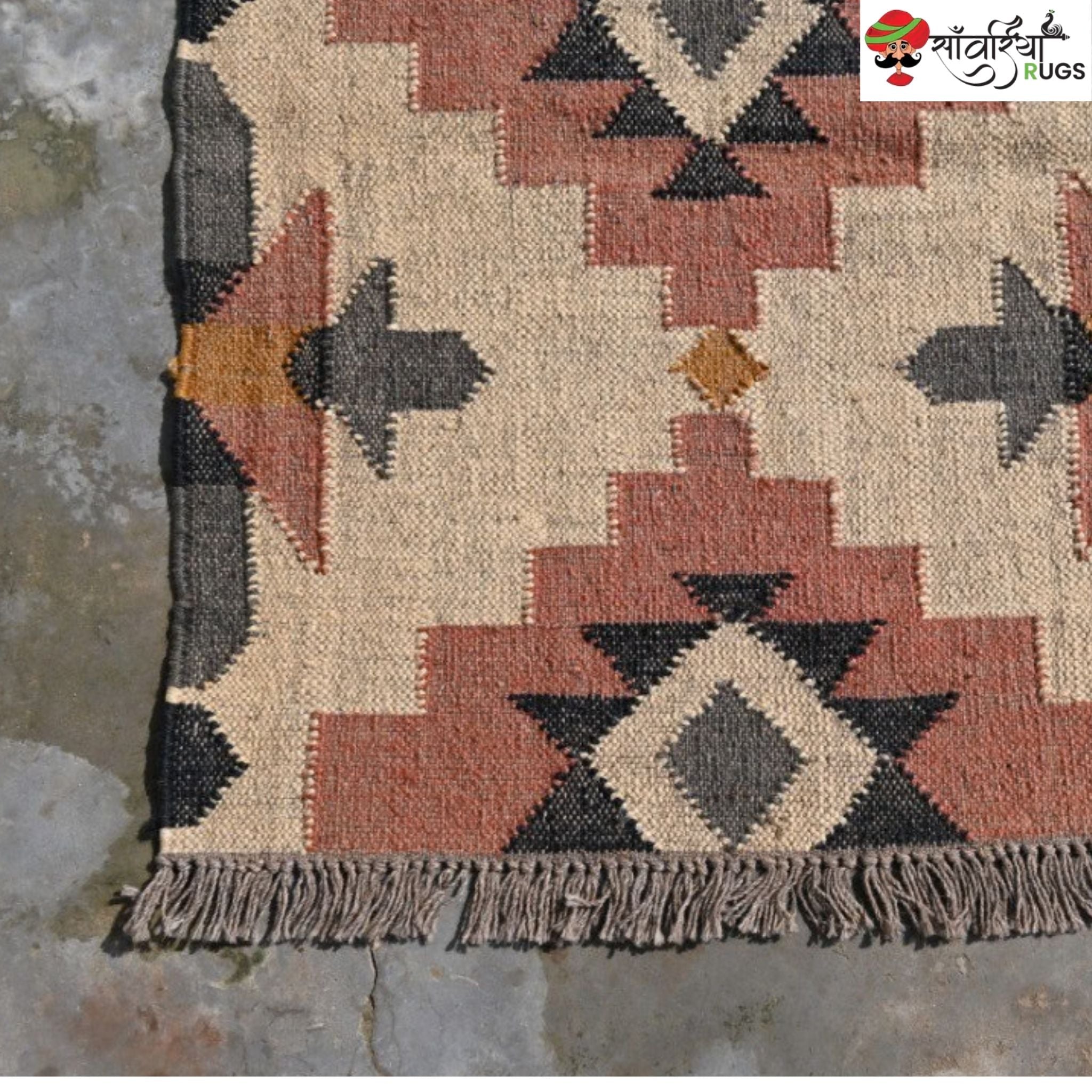 Handwoven wool jute kilim rug with tribal geometric pattern