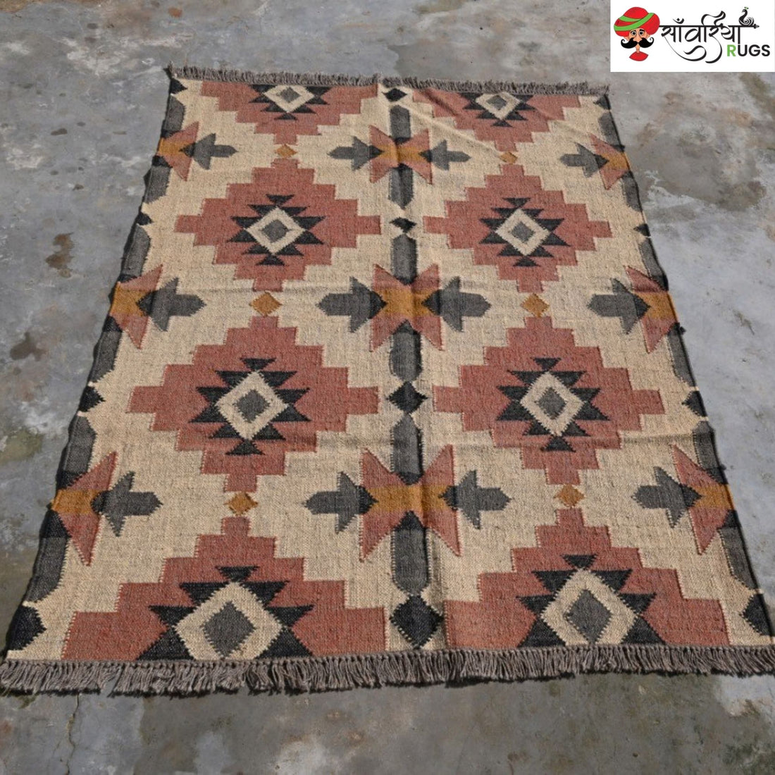 Handwoven wool jute kilim rug with tribal geometric pattern