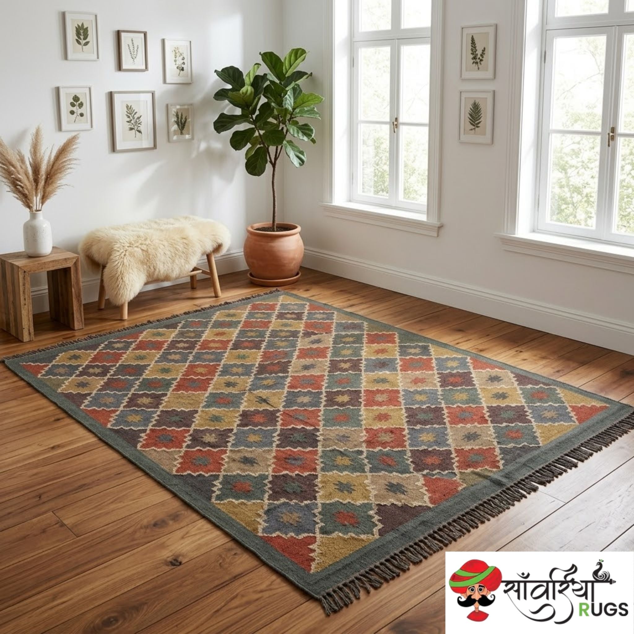 Handwoven multicolor kilim dhurrie rug with geometric pattern