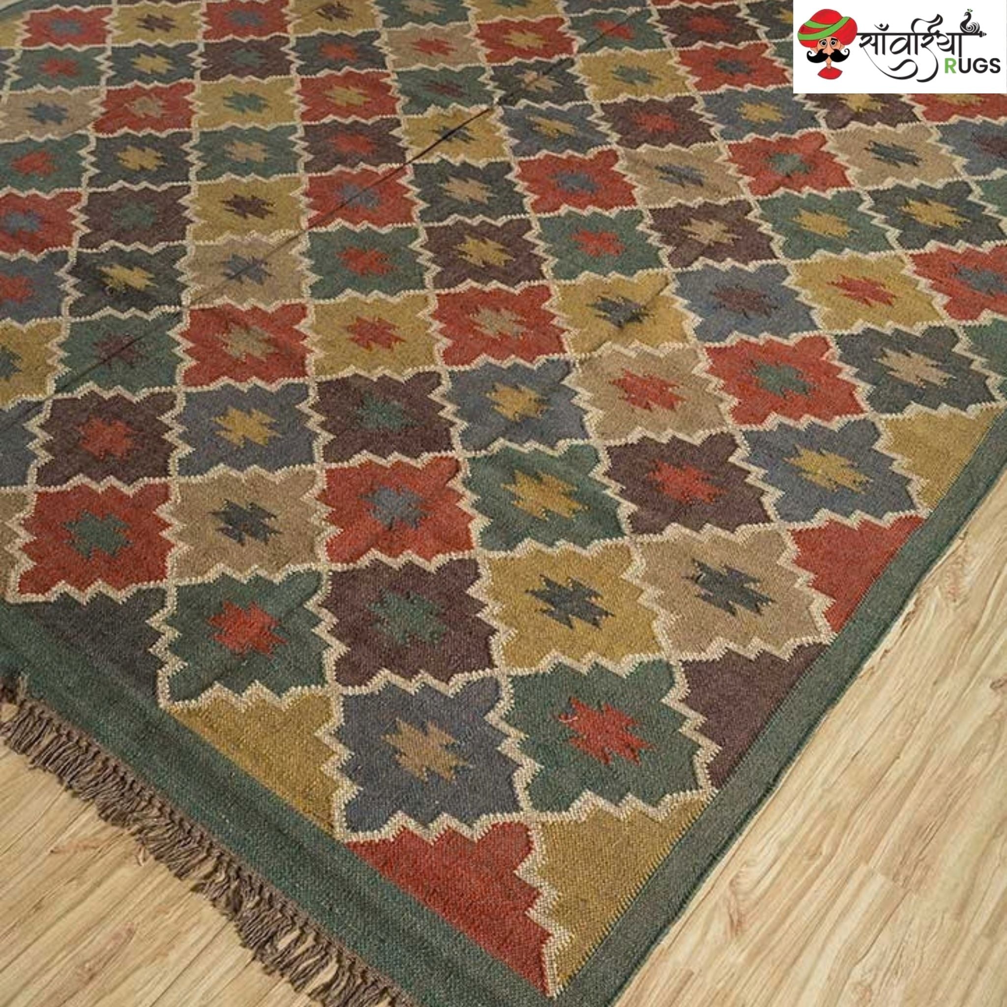 Handwoven multicolor kilim dhurrie rug with geometric pattern