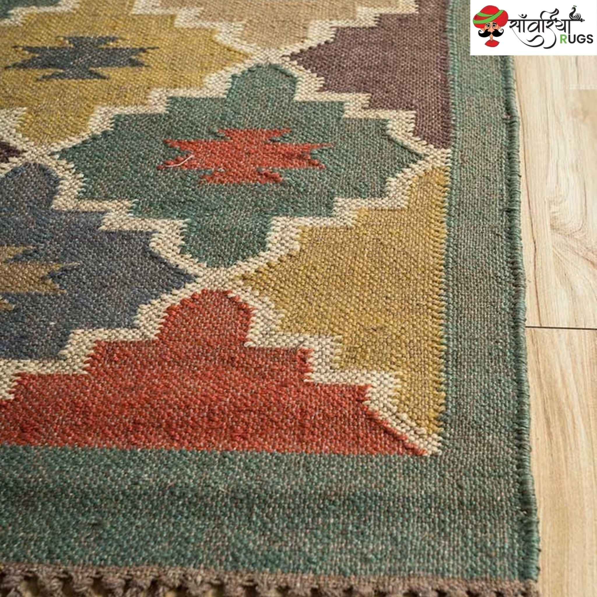 Handwoven multicolor kilim dhurrie rug with geometric pattern