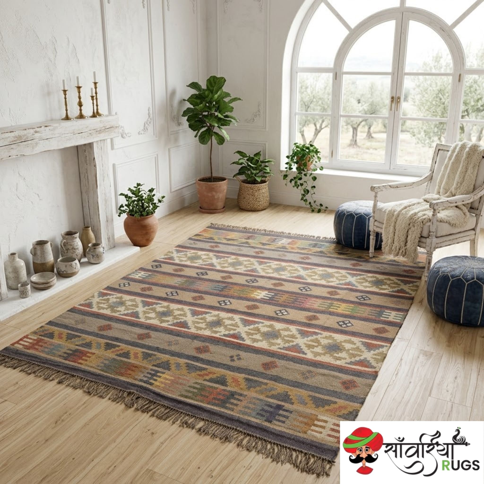 Traditional geometric wool and jute kilim rug