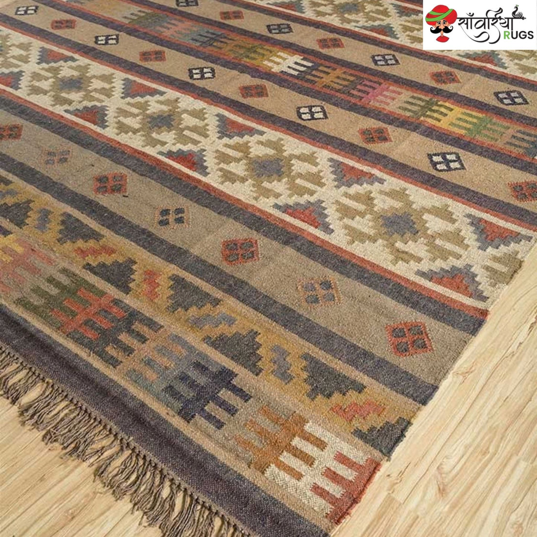 Traditional geometric wool and jute kilim rug