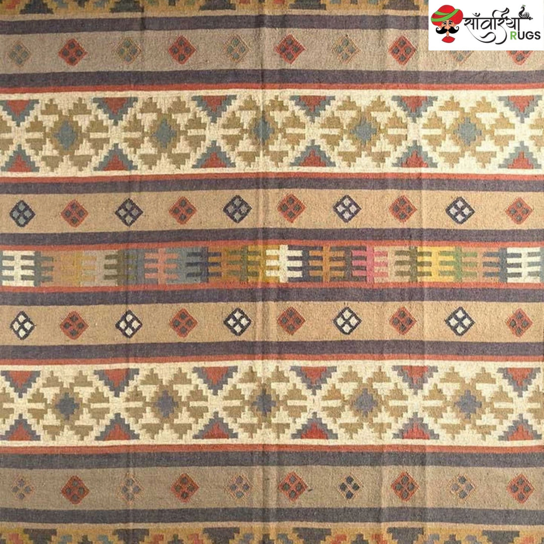 Traditional geometric wool and jute kilim rug
