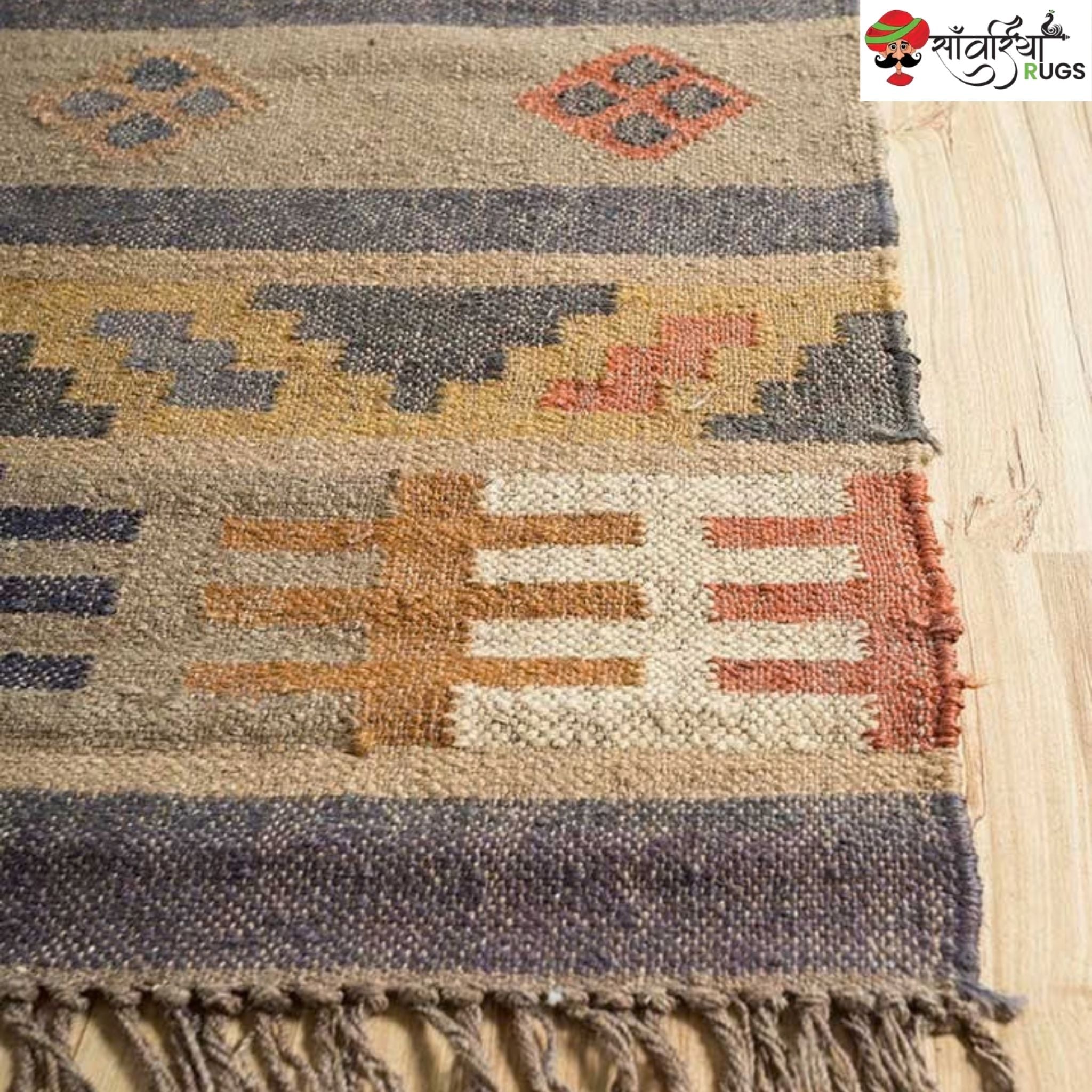 Traditional geometric wool and jute kilim rug