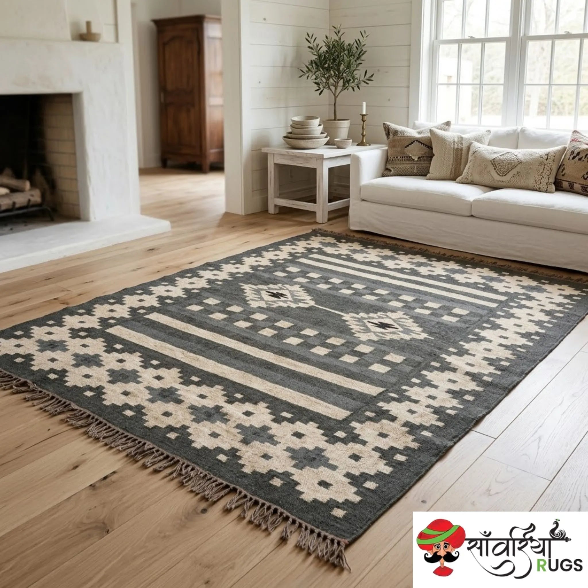 Handwoven wool and jute kilim durrie rug with geometric pattern