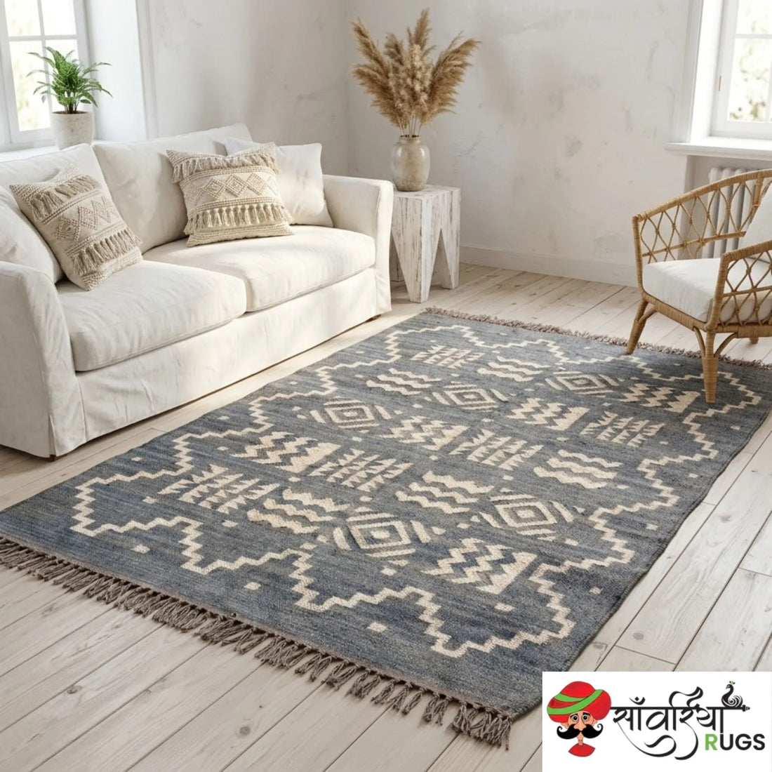 Handmade wool and jute kilim rug with tribal geometric motifs