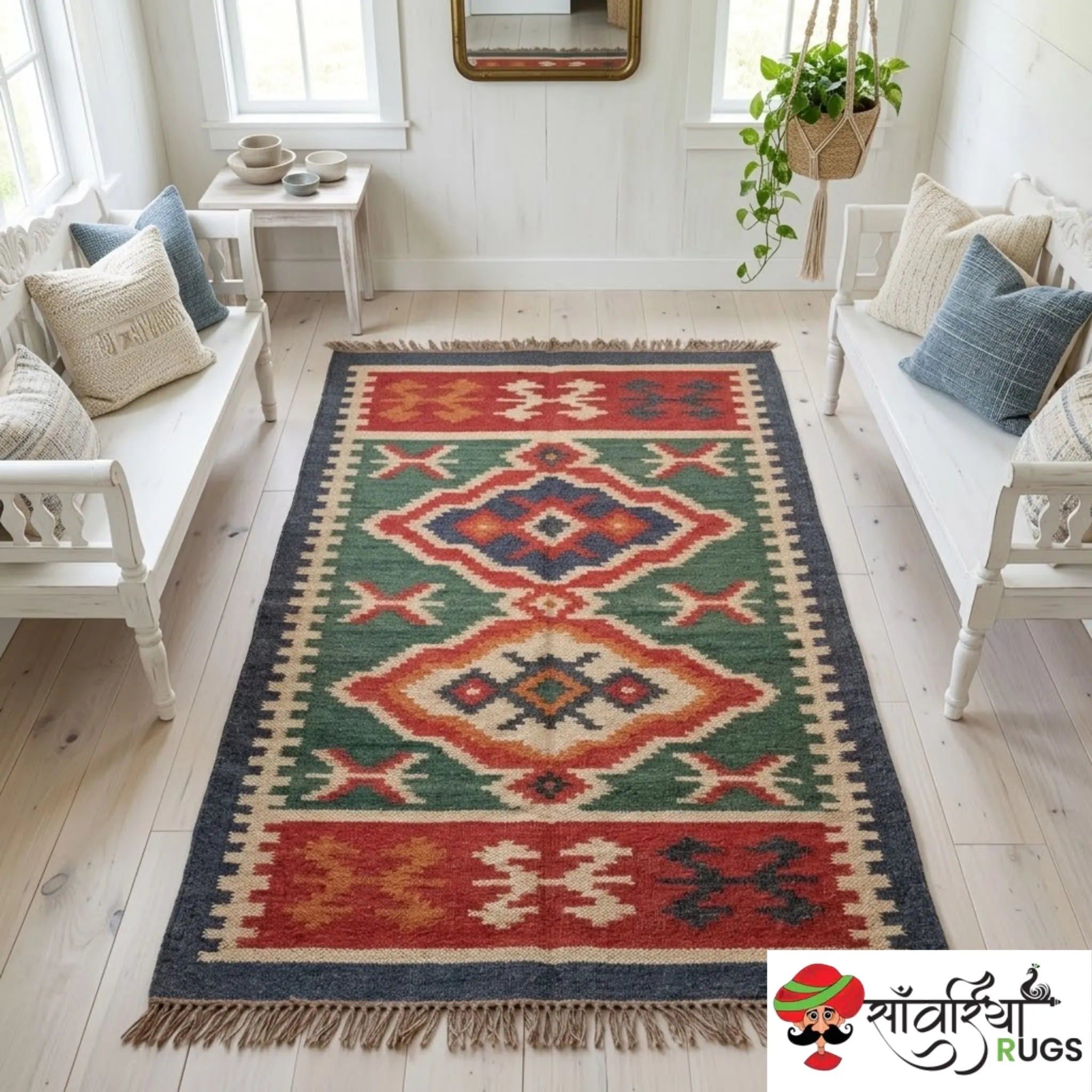 Handmade wool and jute kilim rug with geometric aztec pattern