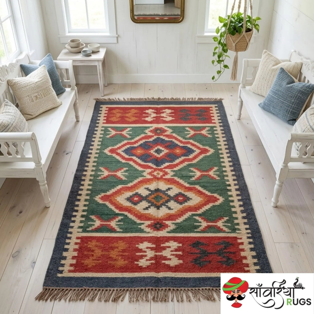 Handmade wool and jute kilim rug with geometric aztec pattern