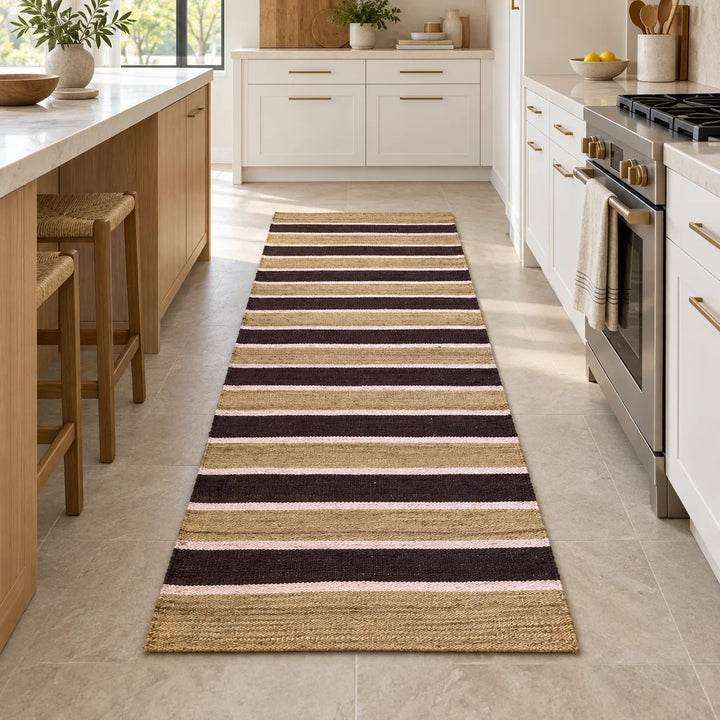 Handmade Earth-Tone Hemp-Jute Runner – Chocolate and Rose Stripe Hallway Rug