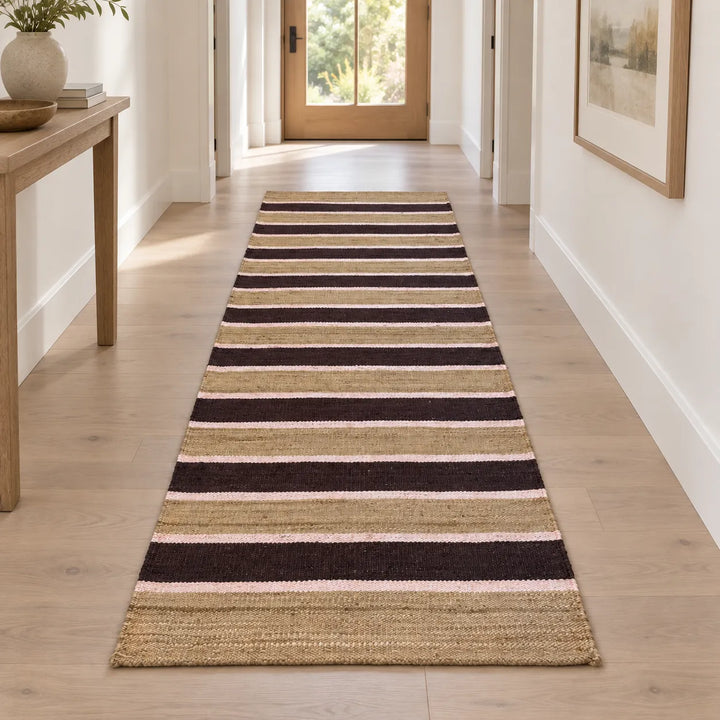 Handmade Earth-Tone Hemp-Jute Runner – Chocolate and Rose Stripe Hallway Rug